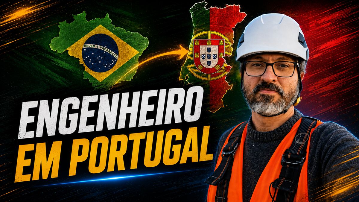Engenheiro em Portugal — Hugo Almeida, engenheiro, de capacete e colete de segurança, com os mapas do Brasil e de Portugal ao fundo